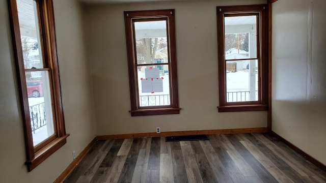 empty room featuring baseboards, wood finished floors, and a healthy amount of sunlight