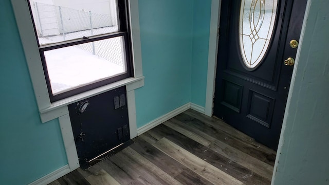 foyer entrance with baseboards and wood finished floors