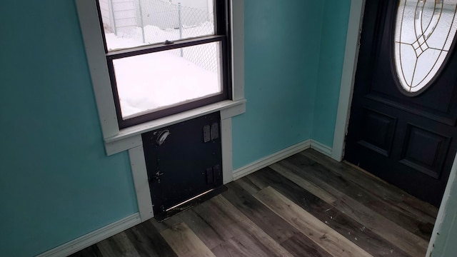 entryway with baseboards and wood finished floors