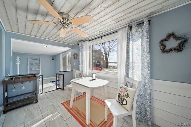 interior space with wooden ceiling, visible vents, and ceiling fan