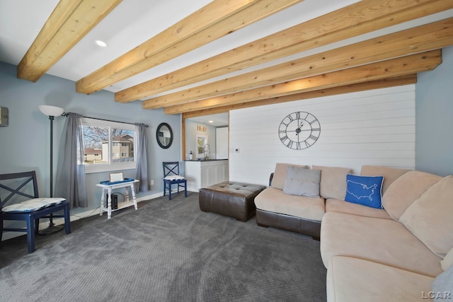 living area with dark carpet, beam ceiling, and recessed lighting