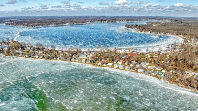 aerial view with a water view and a residential view