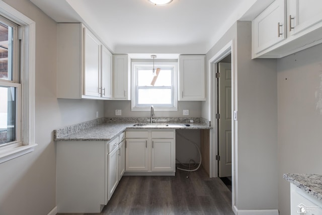 kitchen featuring light stone counters, dark wood-style flooring, a sink, and white cabinetry