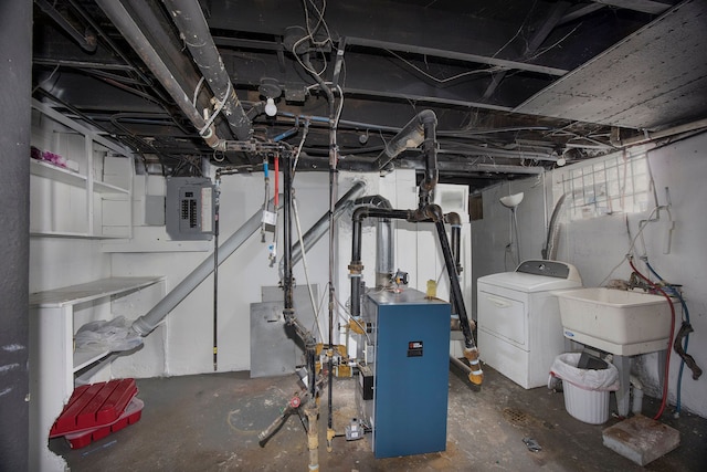 16636 Sorrento St, Detroit, MI 48235 - basement featuring electric panel, washer / clothes dryer, a heating unit, and a sink