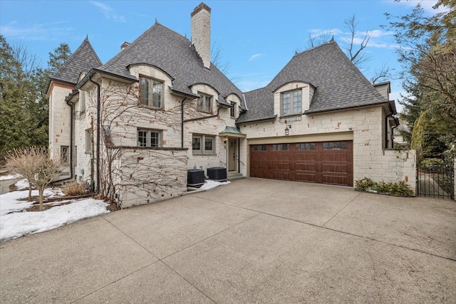 view of front facade with stone siding, an attached garage, a chimney, and concrete driveway