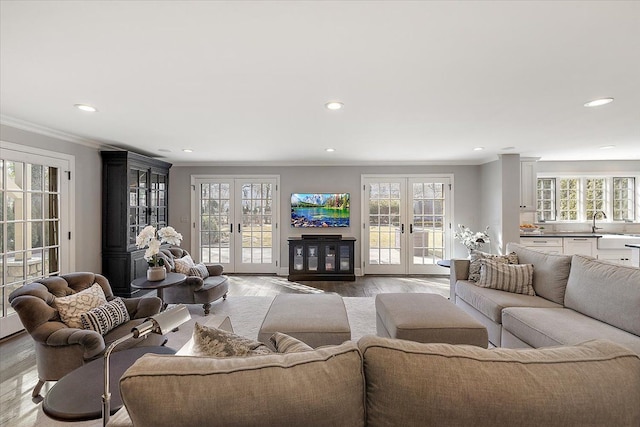 living room featuring light wood-type flooring, ornamental molding, a wealth of natural light, and french doors