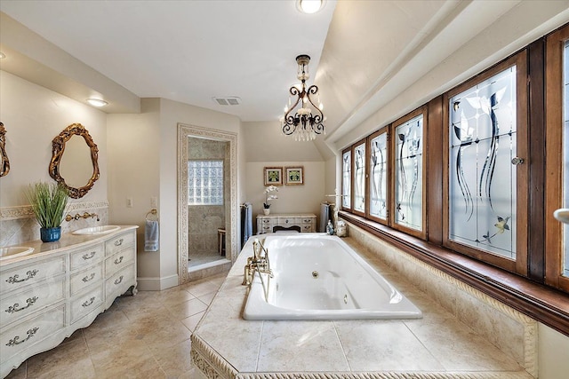 bathroom with double vanity, visible vents, a stall shower, a sink, and a jetted tub