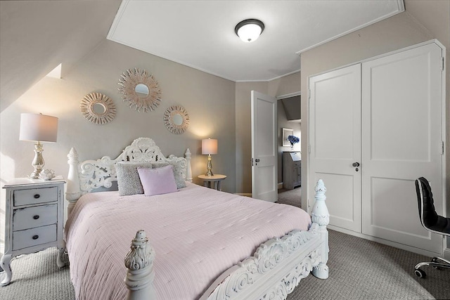 bedroom featuring carpet, crown molding, and a closet