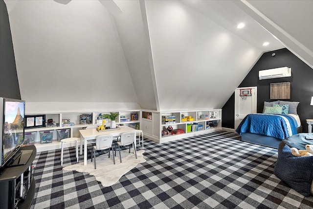 bedroom with vaulted ceiling, a wall mounted AC, carpet flooring, and recessed lighting