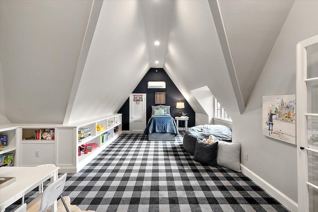 bedroom with carpet floors, recessed lighting, baseboards, and lofted ceiling