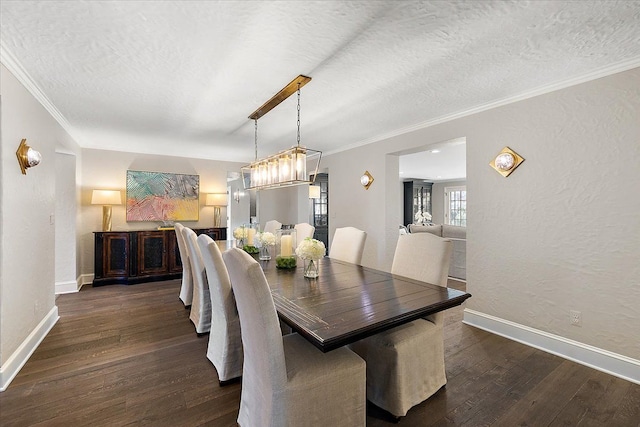 dining area featuring crown molding, baseboards, dark wood finished floors, and a textured ceiling