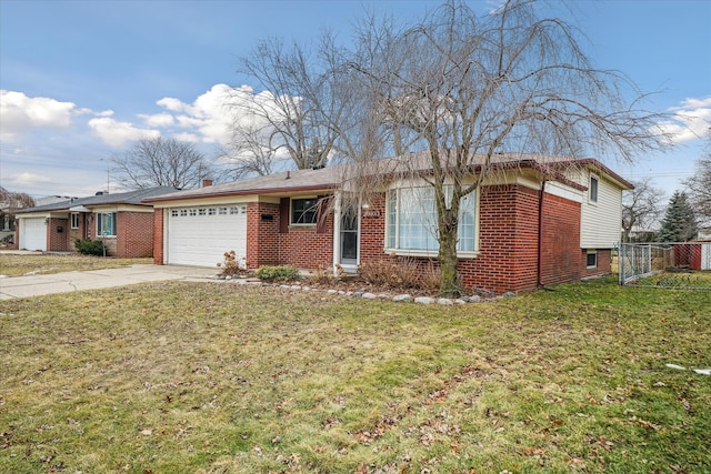 view of front facade featuring brick siding, an attached garage, a front yard, fence, and driveway