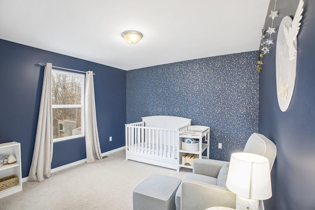 bedroom featuring carpet floors, wallpapered walls, and baseboards