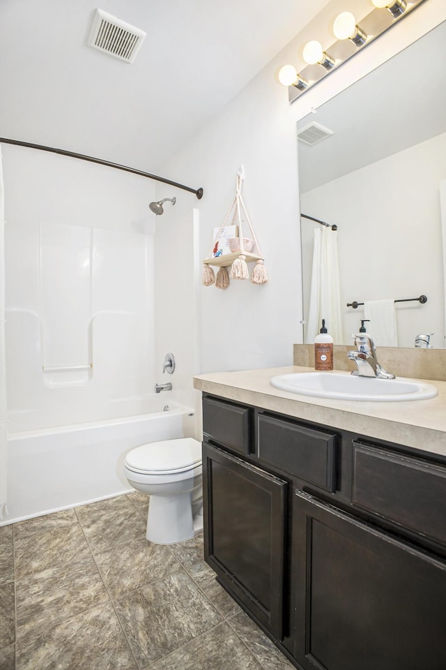 full bath featuring shower / bathtub combination with curtain, visible vents, vanity, and toilet