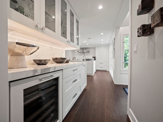 300 Warren Ct, Birmingham, MI 48009 - bar area with wine cooler, backsplash, dark wood-style floors, and recessed lighting