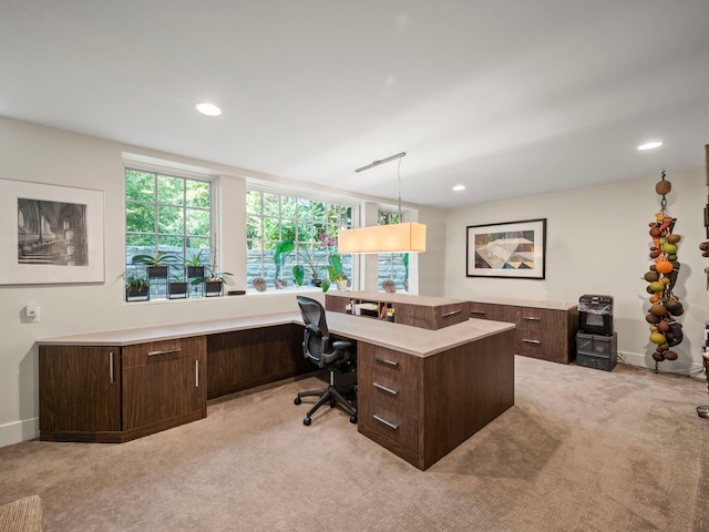 300 Warren Ct, Birmingham, MI 48009 - office with light carpet, recessed lighting, baseboards, and built in desk