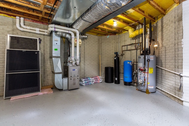 unfinished basement with gas water heater, brick wall, and heating unit