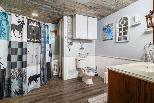 full bathroom with toilet, wood finished floors, wood ceiling, vanity, and wainscoting