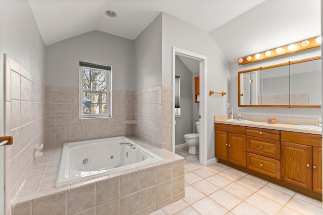 full bathroom featuring lofted ceiling, tile patterned flooring, toilet, a jetted tub, and double vanity