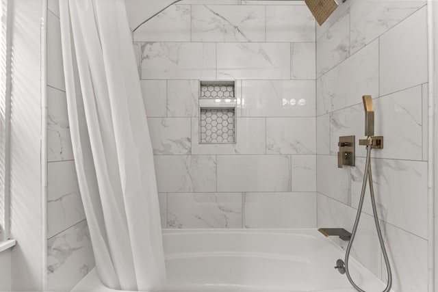 full bathroom with shower / bathtub combination with curtain