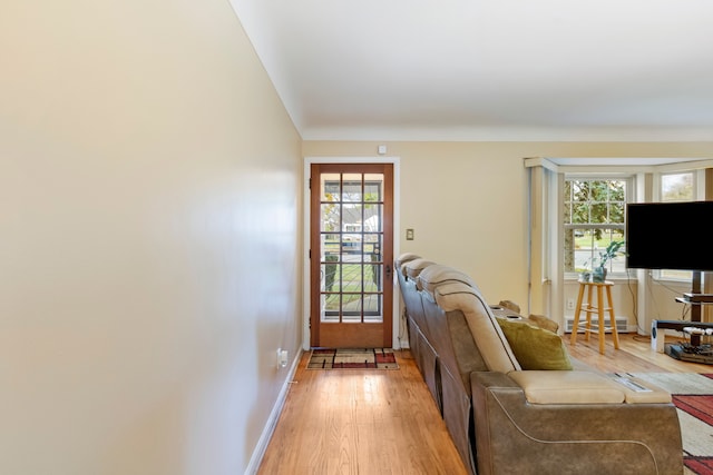 living room featuring light wood-style floors, baseboards, and a baseboard heating unit