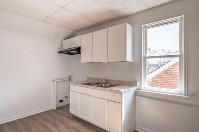 kitchen with wood finished floors, a drop ceiling, a sink, light countertops, and white cabinets