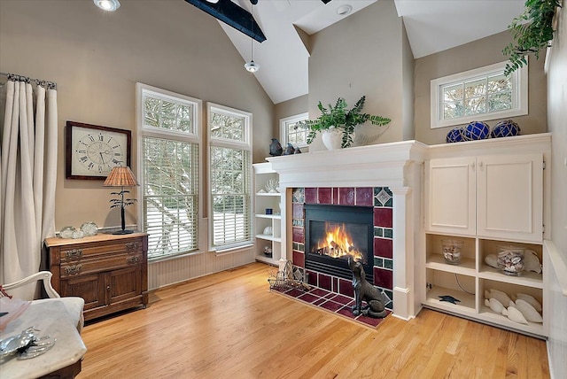 interior space with high vaulted ceiling, a fireplace, and light wood finished floors