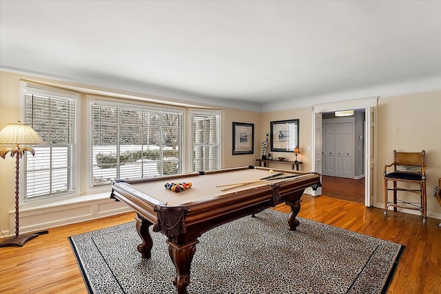 recreation room featuring baseboards, billiards, and light wood-style floors