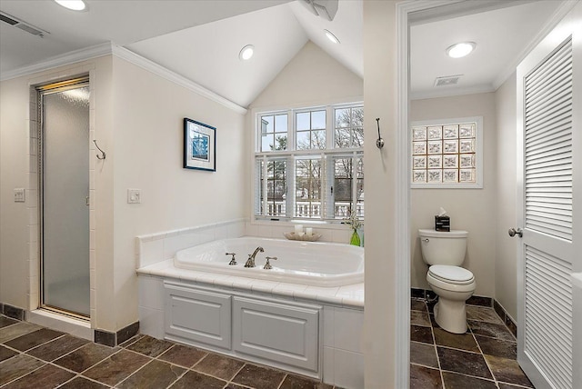 bathroom with a garden tub, toilet, a shower stall, and visible vents