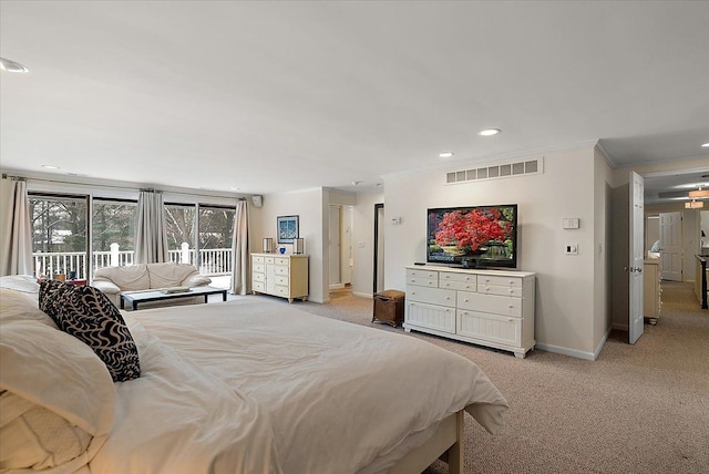 bedroom with light carpet, visible vents, baseboards, access to outside, and crown molding