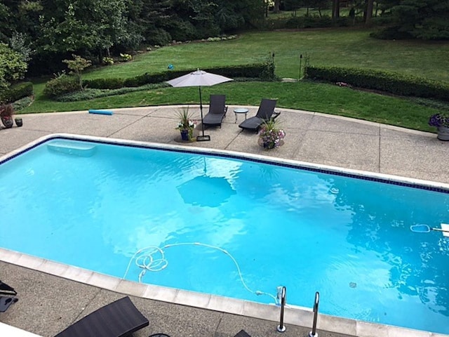 outdoor pool with a lawn and a patio