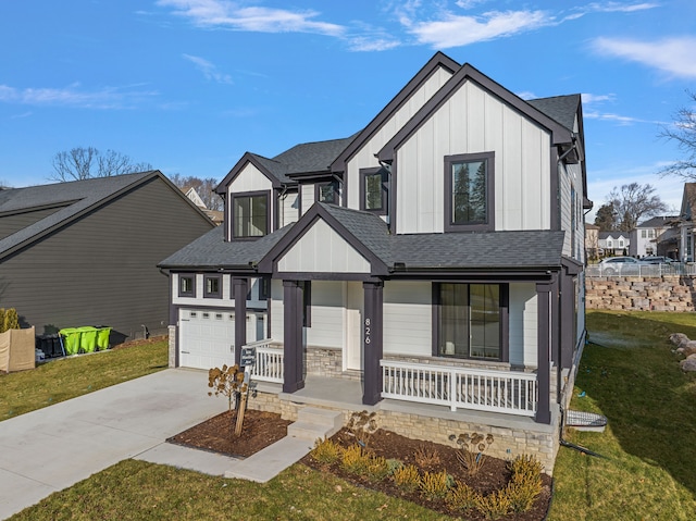 modern farmhouse featuring driveway, covered porch, a garage, and board and batten siding