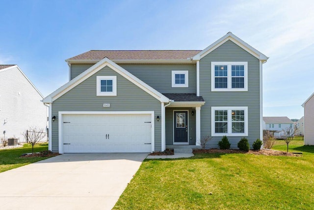 traditional home featuring a garage, central AC, driveway, and a front lawn