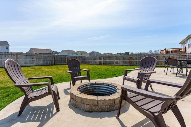 view of patio featuring an outdoor fire pit and a fenced backyard