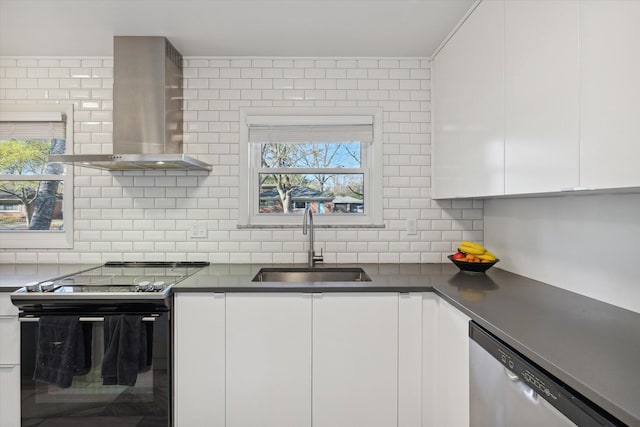 kitchen with black electric range, white cabinets, a sink, wall chimney range hood, and dishwasher