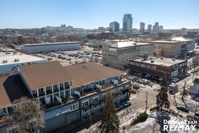 drone / aerial view with a city view