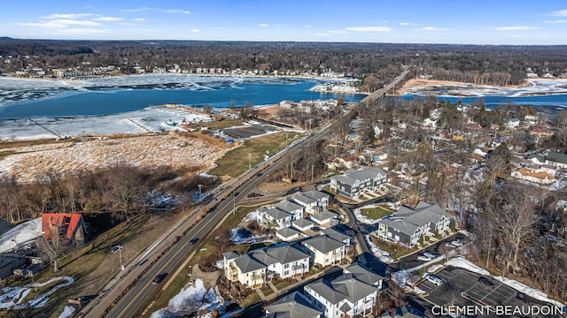 drone / aerial view featuring a water view