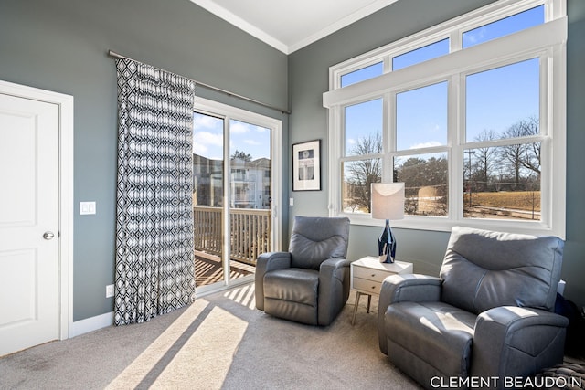 sitting room featuring carpet floors, ornamental molding, and baseboards