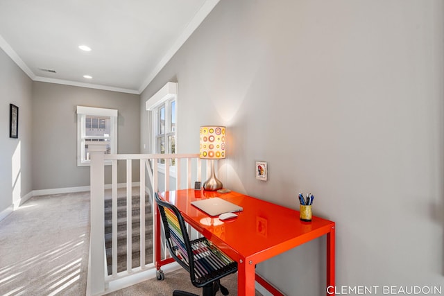 carpeted office space featuring ornamental molding, recessed lighting, and baseboards