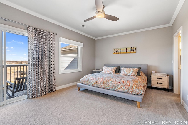 bedroom with access to exterior, carpet flooring, crown molding, and baseboards