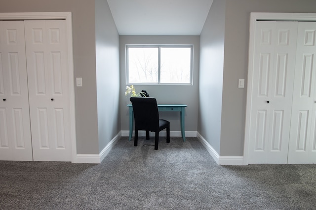 home office featuring baseboards and carpet