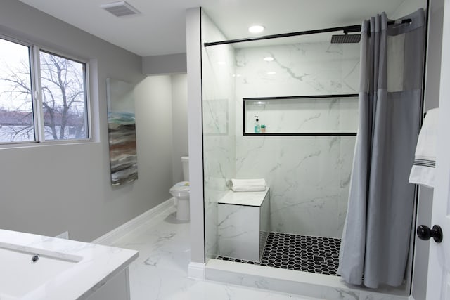 bathroom with baseboards, a marble finish shower, visible vents, toilet, and marble finish floor