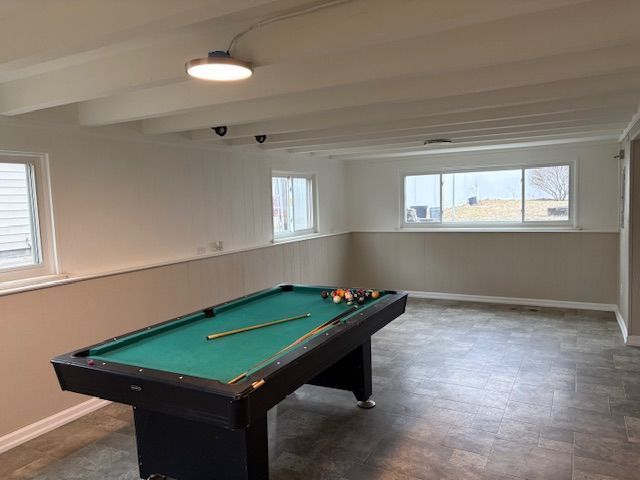 rec room featuring billiards, baseboards, and beam ceiling