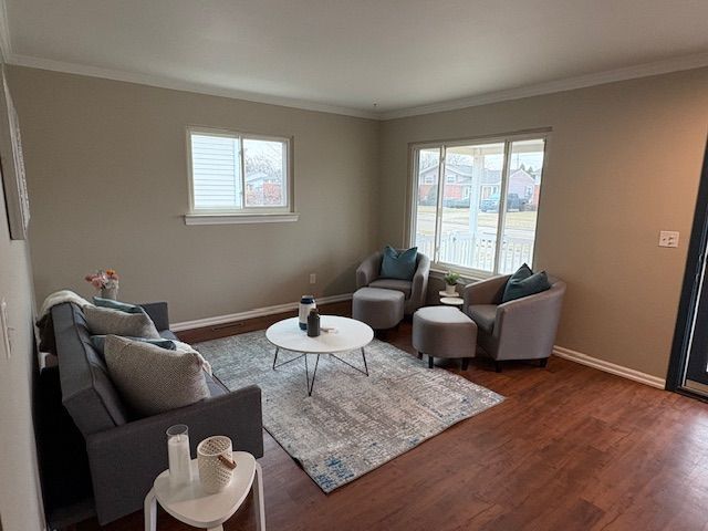 living room with baseboards, wood finished floors, and ornamental molding