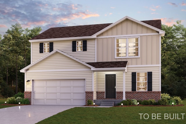 traditional-style house featuring board and batten siding, brick siding, driveway, and a lawn