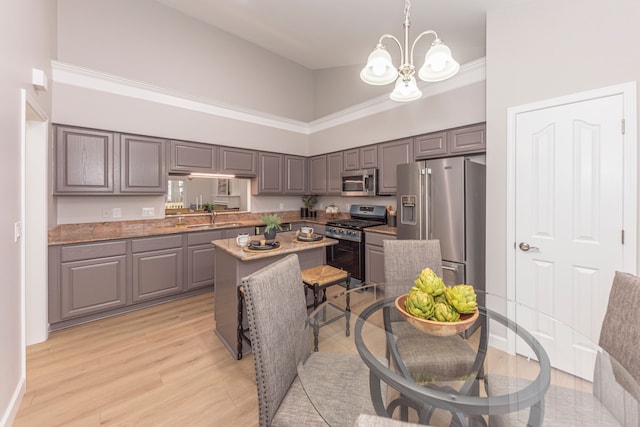 kitchen with gray cabinets, a sink, appliances with stainless steel finishes, a notable chandelier, and a center island