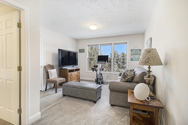 carpeted living area with baseboards and a textured ceiling