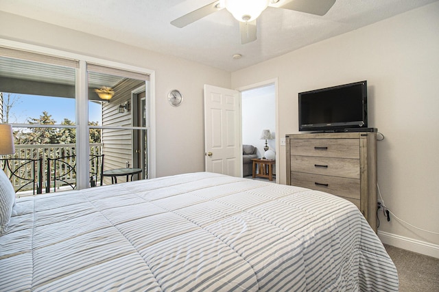 bedroom with ceiling fan, baseboards, access to outside, and carpet flooring