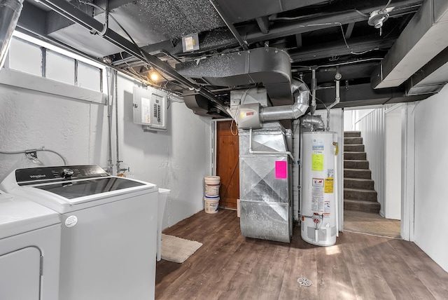 basement featuring electric panel, washer and clothes dryer, wood finished floors, stairs, and water heater