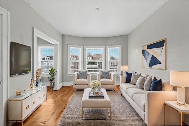 living room featuring baseboards, a healthy amount of sunlight, and light wood-style floors